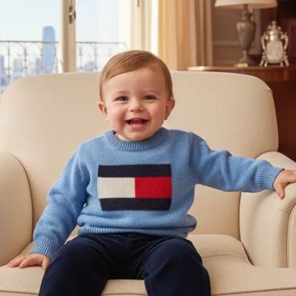 Vintage Tommy Hilfiger Blue Knit Flag Logo Pullover Sweater size 2T - Picture 7 of 7